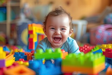 A giggling baby playing with colorful building blocks