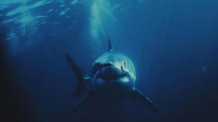 colossal great white shark gliding through azure ocean depths underwater wildlife shot