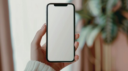 Mockup image of a people's hands holding a smartphone with a blank white screen. Mockup image of a hand holding a smartphone with a white screen.