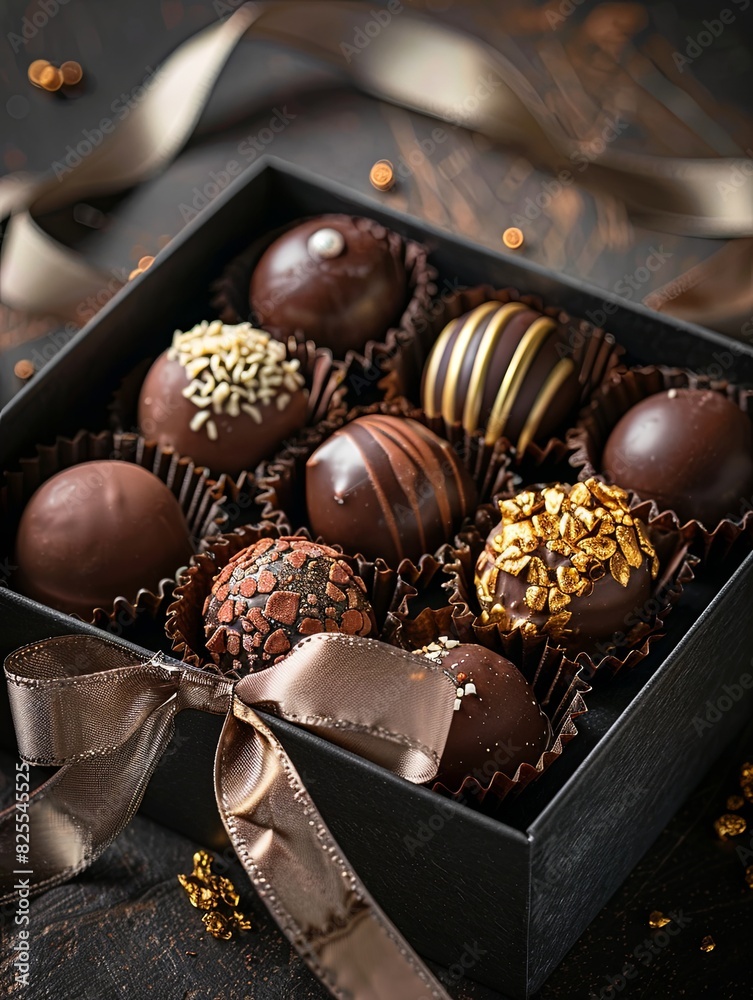 Poster Luxurious box of assorted chocolates with rich dark colors and ribbons on a table. Generative AI