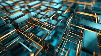 3d rendering metallic with some digital neon lines illustration background. Intersection of metal forms. Layout of random rectangular shapes, i dark blue and turquoise colour