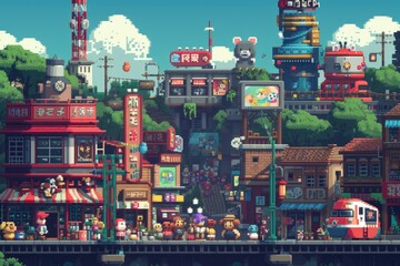 A pixel art scene of a bustling city filled with adorable characters