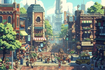 A pixel art scene of a bustling city filled with adorable characters