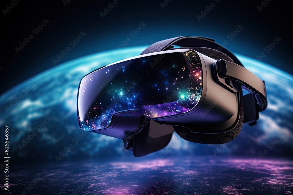 Poster human using virtual reality headset on dark background