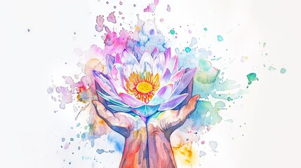 Hands holding a blooming lotus flower in watercolor style. Gentle hands cupping a colorful lotus in aquarelle. Concept of serenity, meditation, nature, spirituality, zen. Watercolor art