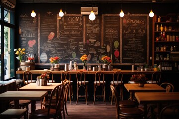 Cozy coffee shop, chalkboard menu, clinking cups