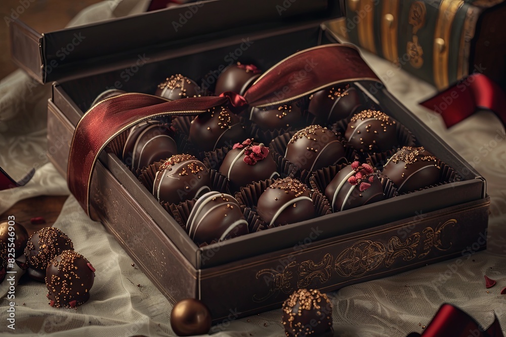 Aufkleber elegant box of chocolate truffles with ribbons on a table. generative ai