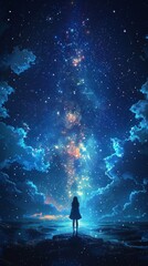 Fototapeta premium Mysterious Path to Enlightenment. A woman standing on a hill looking at the stars.