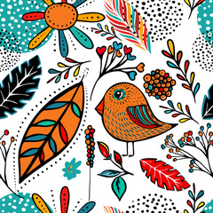 Obraz premium Decorative seamless background with birds and flowers. hand drawing. Not AI. Vector illustration