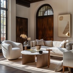 Modern living room with white sofa, coffee table, armchair, and abstract art.