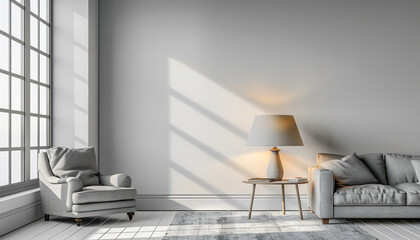 Living room with a large window, an upholstered armchair and a sofa, between them there is a floor lamp