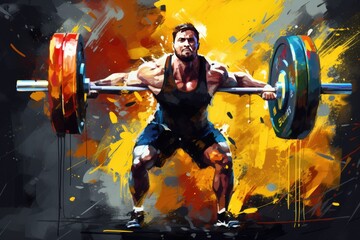 Watercolor weightlifter lifting heavy barbell strength and power