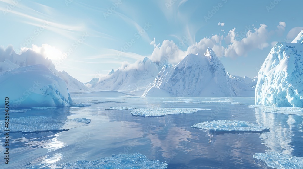 Poster icebergs float on the cold arctic waters, creating a striking scene of frozen beauty. generative ai