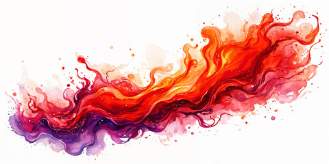 A vibrant, abstract design with swirling lines and splashes of red, purple, and orange colors against a white background.