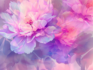Soft focus wide banner, blurred rose color flower peony petals, close up macro nature background. Beautiful bloom backdrop. Pink white flowers top view, flowery wallpaper, pastel color floral pattern