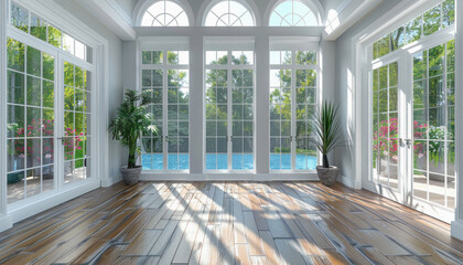 The room is bright and spacious with a view of a distant pool, conveying an open and airy feel