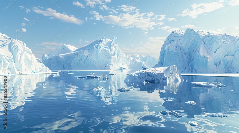 Poster icebergs floating in water near a mountain range in the arctic region. generative ai