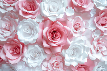 Beautiful paper roses wall background. Background with pink and white rose flowers for wedding, birthday party or other events