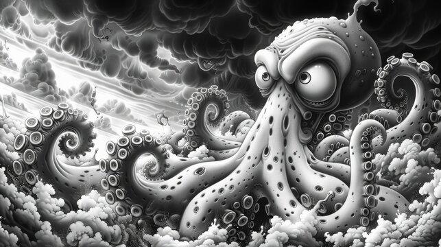 A black and white drawing of an octopus in the clouds, AI