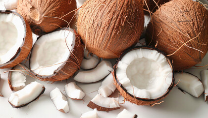 A bunch of coconuts piled up on a table, representing a variety of natural foods and ingredients