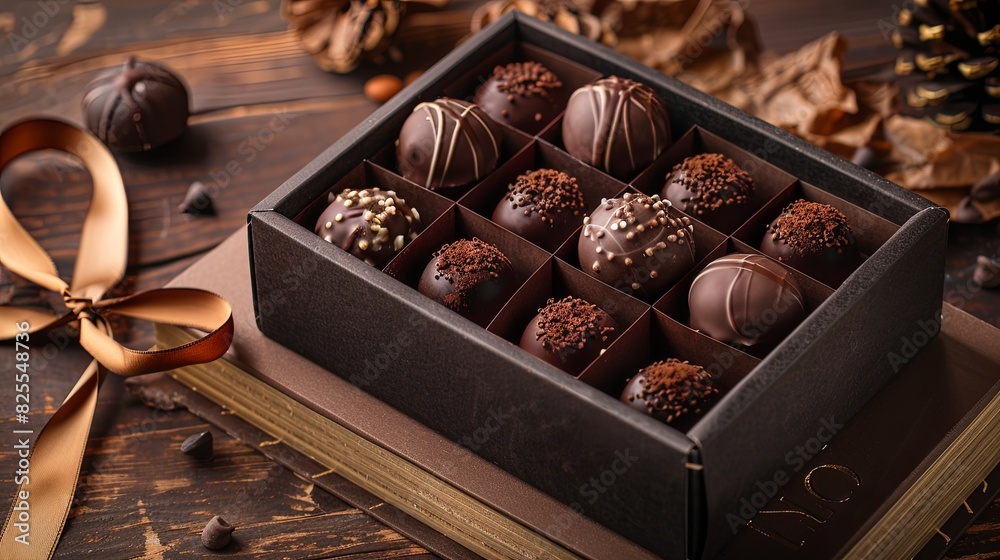 Poster a luxurious box of chocolate truffles with ribbons on a wooden table. generative ai