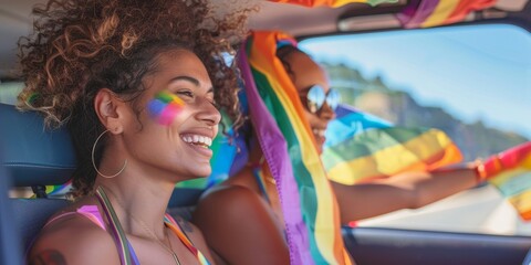 Two women are driving in a car with rainbow flags and one of them is smiling. Scene is happy and carefree