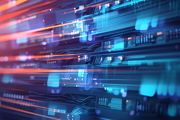 Fototapeta premium digital circuit board with blue and orange light trails representing data transfer