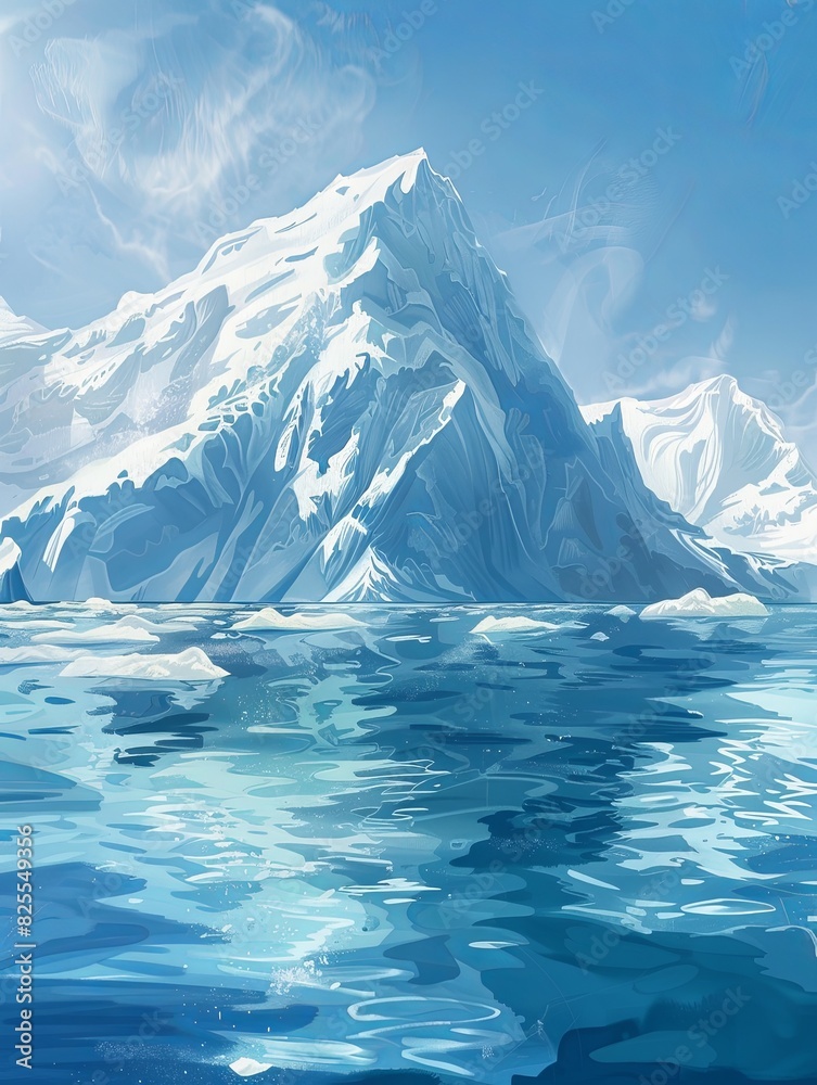 Aufkleber a painting of an iceberg drifting in the ocean, surrounded by water and under a clear sky. generativ