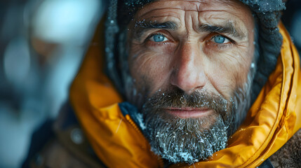 Close-up Portrait of a Man with a Beard Covered in Ice, Looking Directly at the Camera with a Serious Expression in a Cold Environment.