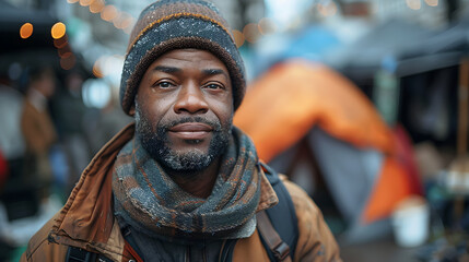Close-up Portrait of a Black Man with a Beard and a Knit Cap, Standing in Front of a Tent City