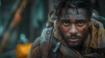 Close-up Portrait of a Man with a Determined Expression, Covered in Mud and Dirt, Looking Directly at the Camera in a Dense Forest Setting