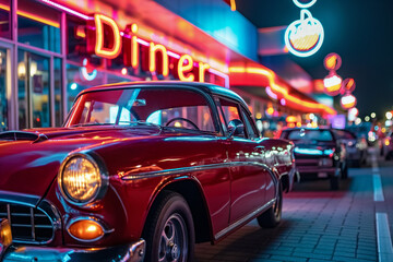 View at night of a traditional American Diner with classic cars parked outside.