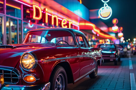 Fototapeta View at night of a traditional American Diner with classic cars parked outside.