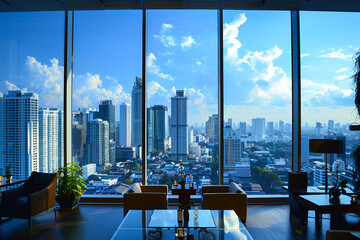 Bangkok city view point from Lounge interior. overlooking a magnificent cityscape blue sky and city...