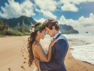 Happy wedding couple on sea beach, getting married on the beaches of Hawaii