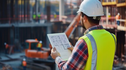 Civil engineer checking blueprint while standing at construction site. Professional architect or construction worker wearing safety helmet while looking at house structure and project plan. AIG42.
