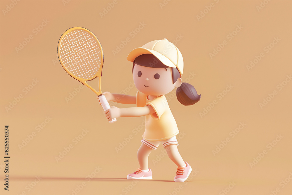 Wall mural cute little girl plays tennis, 3d render minimal style,