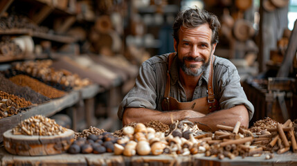 A Carpenter Working in His Workshop with a Pile of Wood Shavings in Front of Him
