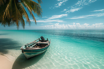 boat on the shore of the turquoise sea