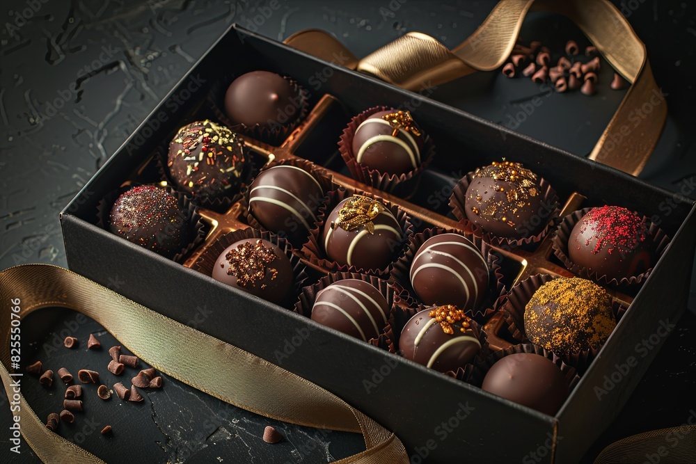 Poster elegant box of chocolate truffles adorned with a ribbon, showcasing rich dark colors in a luxurious 