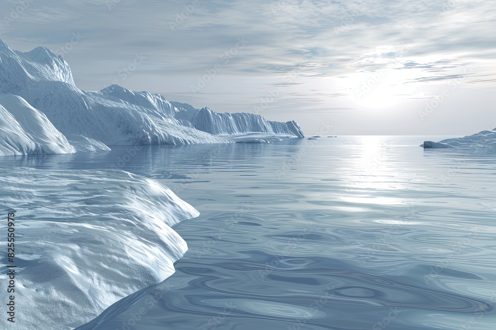 Poster a group of icebergs floating on the surface of cold waters, reflecting light and showcasing icy text