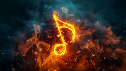 music note illuminated in orange and yellow neon lights on dark background Abstract glowing musical symbol with smoke effect Generative AI