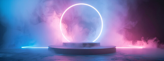 Obraz premium Stage pedestal illuminated by a neon ring, surrounded by ethereal mist in vibrant blue and pink hues, creating a stunning abstract background.