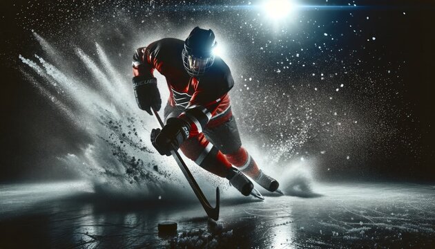 hockey player in mid-action, clad in a red and black uniform, charging forward with determination. - Powered by Adobe