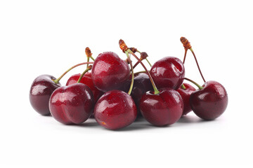 A cluster of fresh cherries isolated from any background, highlighting their deep red color and sweet-tart taste. Concept of summer fruit and cherry-picking season. Generative Ai.