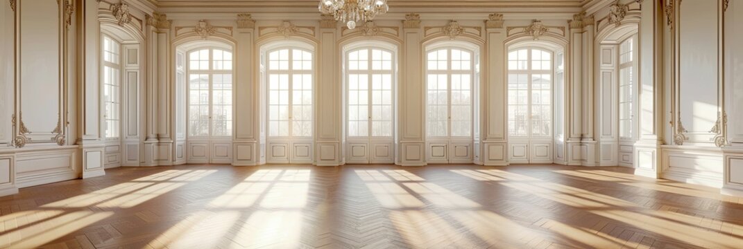 Vintage style banquet hall with a chandelier, large windows, and parquet floor. Generative AI
