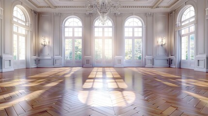 Obraz premium A vintage-style banquet hall with a chandelier and large windows, set in a big empty room with a parquet floor. Generative AI