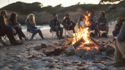 A makeshift bonfire provides the perfect ambiance for a beachside record listening session as friends gather around to sing and dance along to the music.