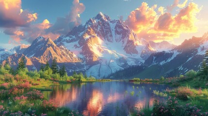 A breathtaking view of snow-capped mountains reflecting in a serene lake, surrounded by vibrant wildflowers under a colorful sky.