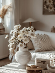 Flowers in Vase on Coffee Table in Living Room Interior